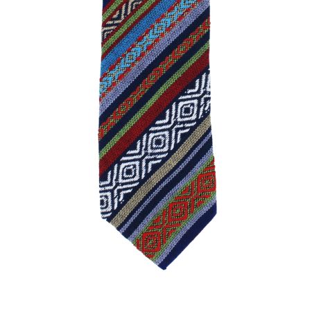 Multicolor Tie with Diagonal Aztec Geometric Stripe Pattern, Slim Woven Necktie