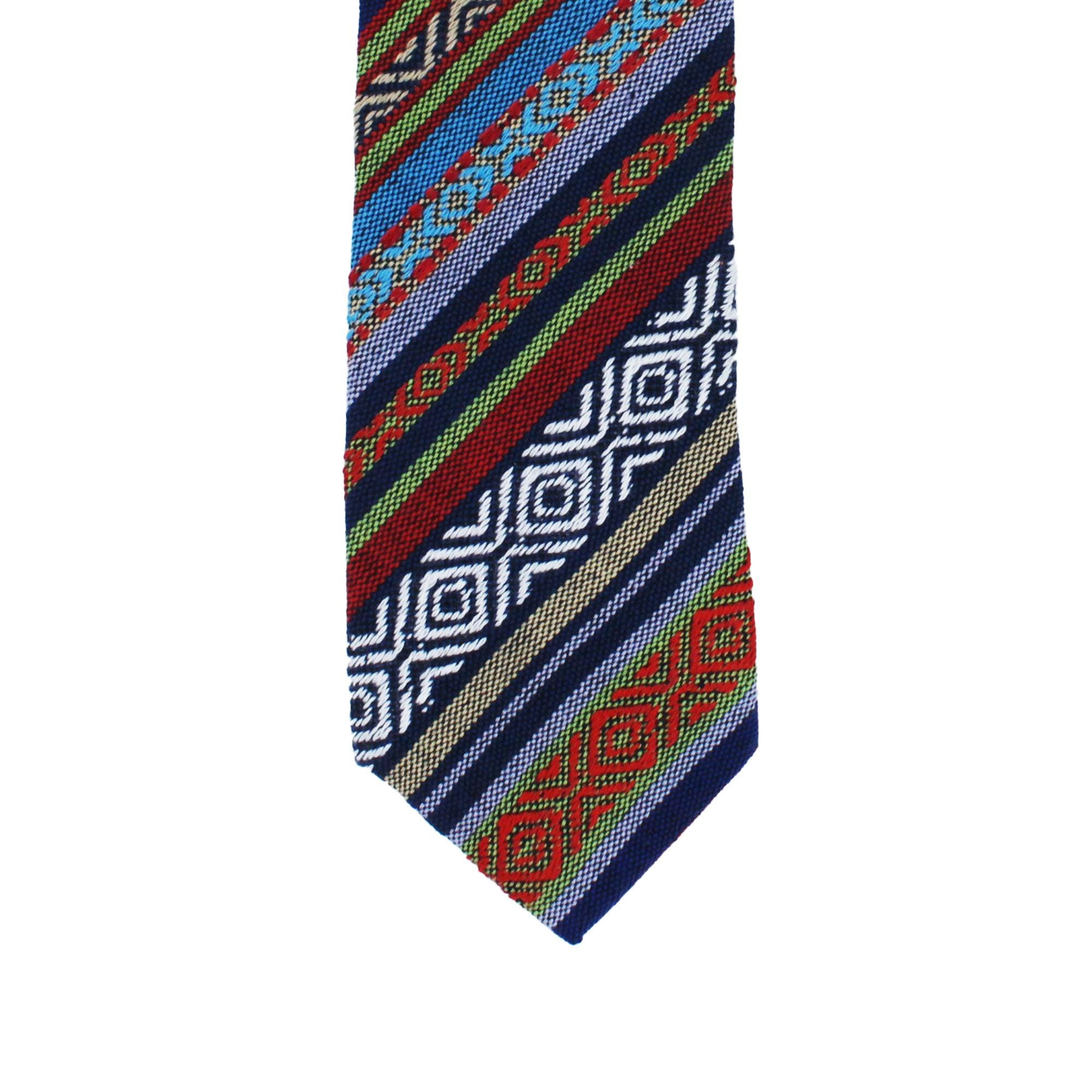 Multicolor Tie with Diagonal Aztec Geometric Stripe Pattern, Slim Woven Necktie