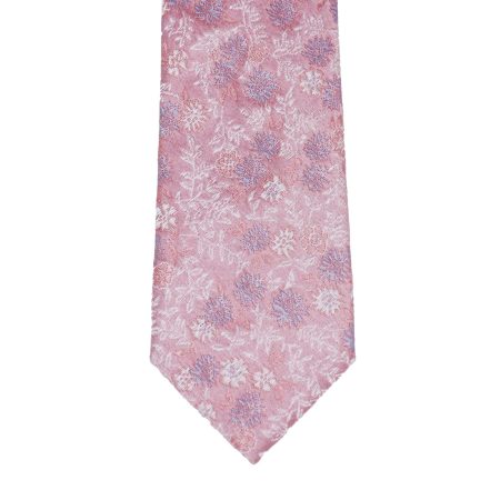 Light Pink Tie with Blue and White Floral Blossom Pattern, Slim Woven Necktie