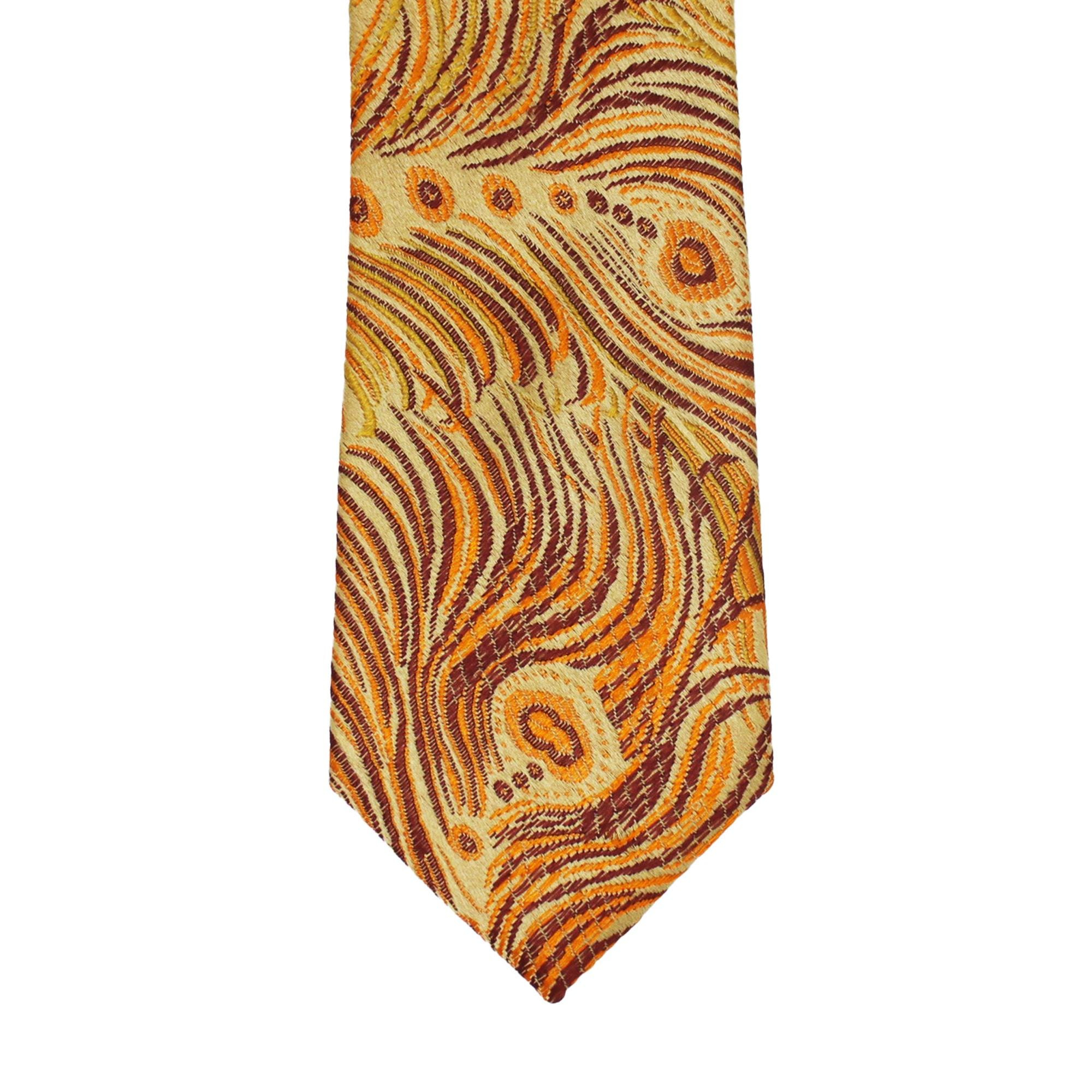 Golden Yellow Tie with Orange Peacock Feather Pattern, Slim Woven Necktie
