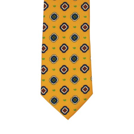 Mustard Yellow Tie with Multicolor Floral Medallion Pattern, Slim Woven Necktie