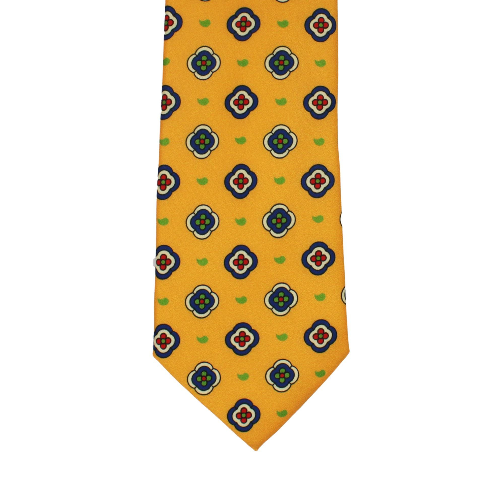 Mustard Yellow Tie with Multicolor Floral Medallion Pattern, Slim Woven Necktie
