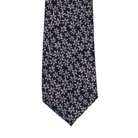 Navy Blue Tie with Silver Floral Daisy Pattern, Slim Woven Necktie