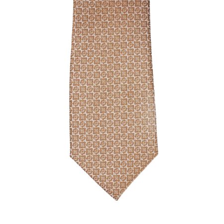 Beige Tie with Brown Vintage Geometric Square Pattern, Slim Woven Necktie