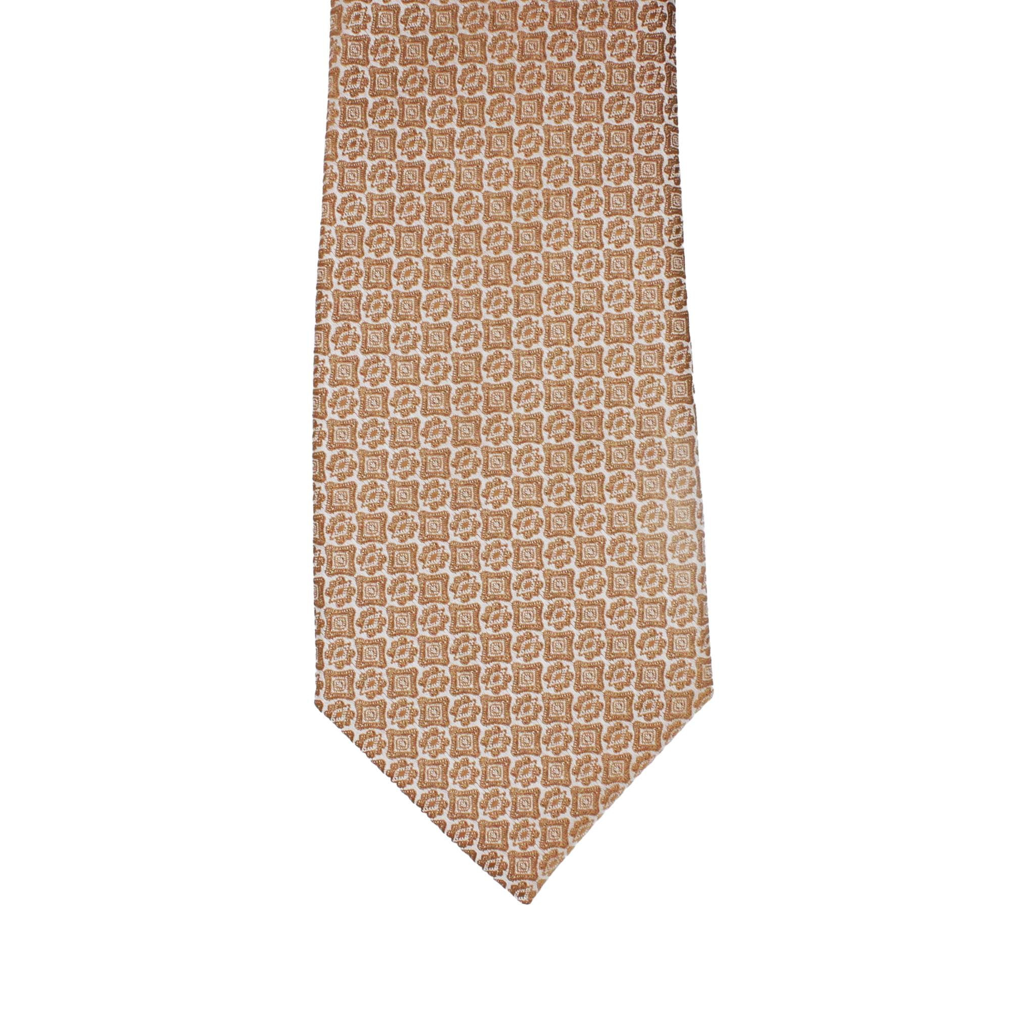 Beige Tie with Brown Vintage Geometric Square Pattern, Slim Woven Necktie