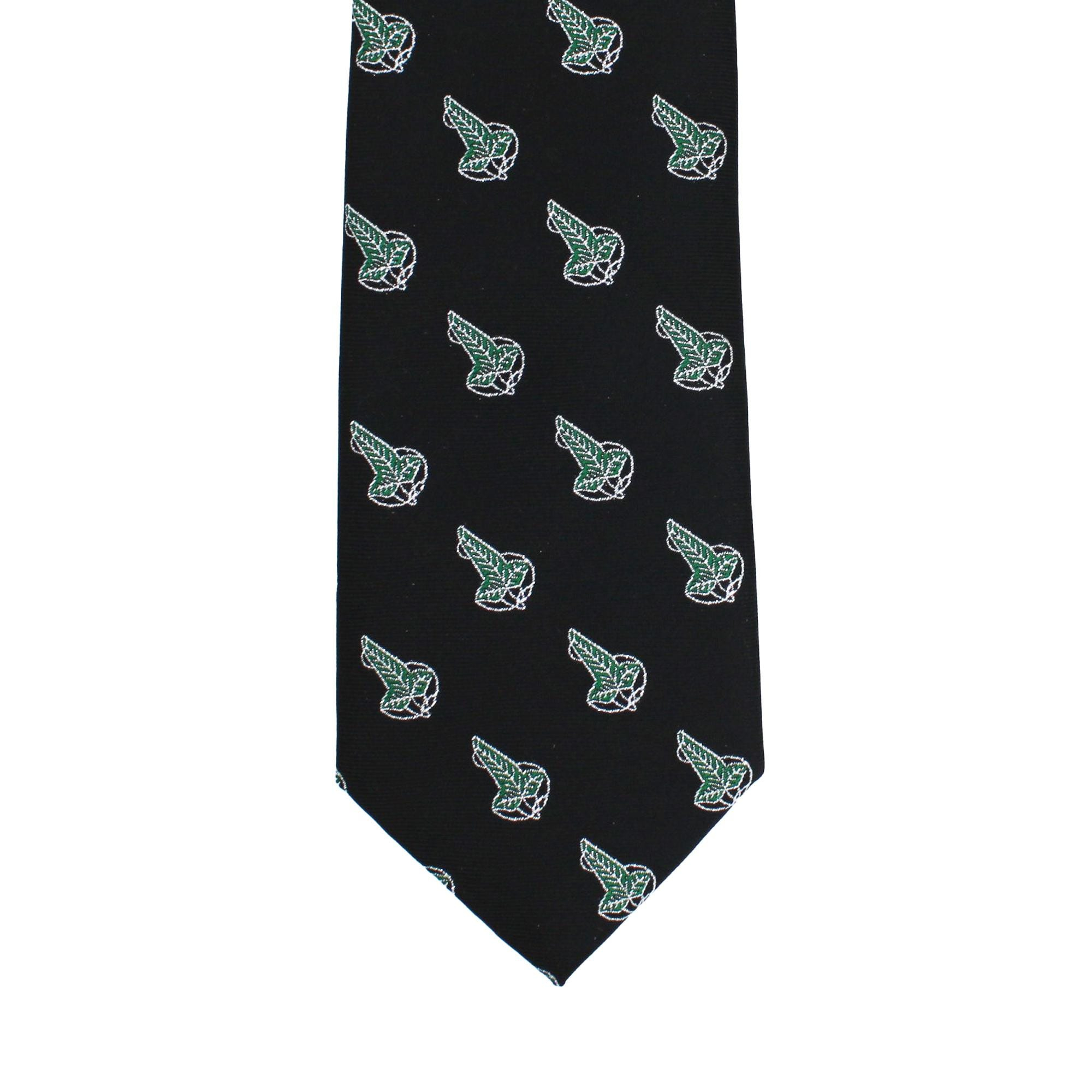 Black Tie with Green Flying Bird Pattern, Slim Woven Necktie
