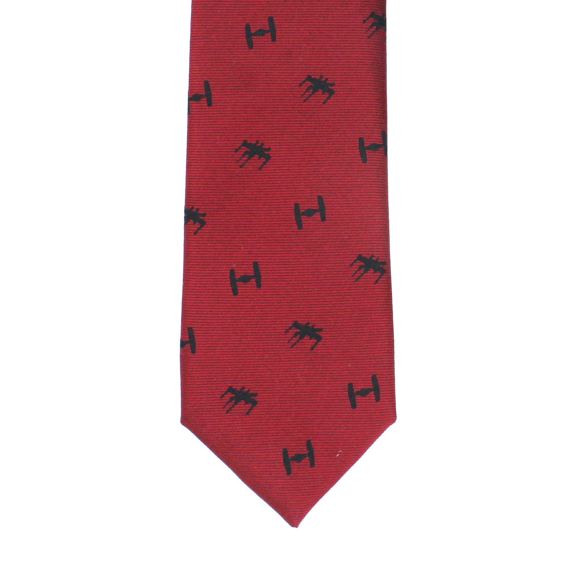 Red Tie with Black Equestrian Horse Pattern, Slim Woven Necktie