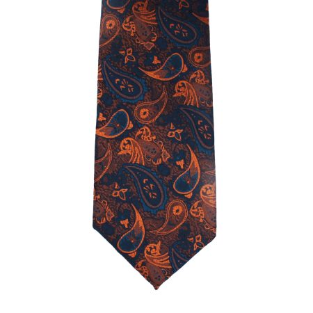 Navy Blue Tie with Copper Orange Paisley Pattern, Slim Woven Necktie