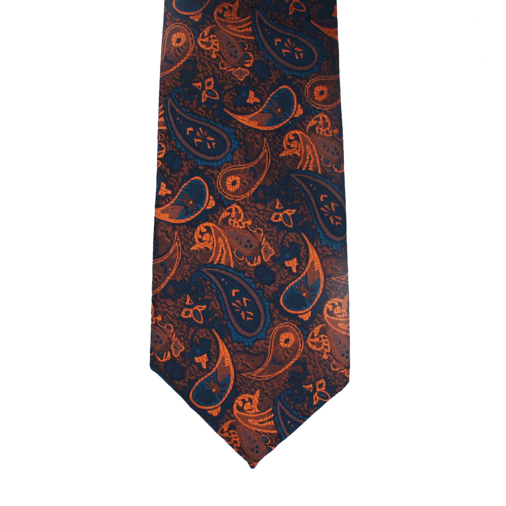 Navy Blue Tie with Copper Orange Paisley Pattern, Slim Woven Necktie