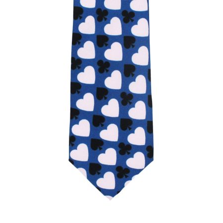 Blue Tie with White Heart and Black Playing Card Suit Pattern, Slim Woven Necktie