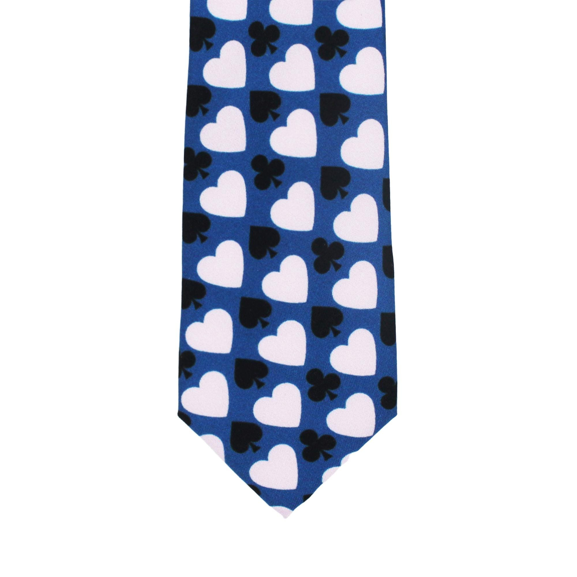Blue Tie with White Heart and Black Playing Card Suit Pattern, Slim Woven Necktie