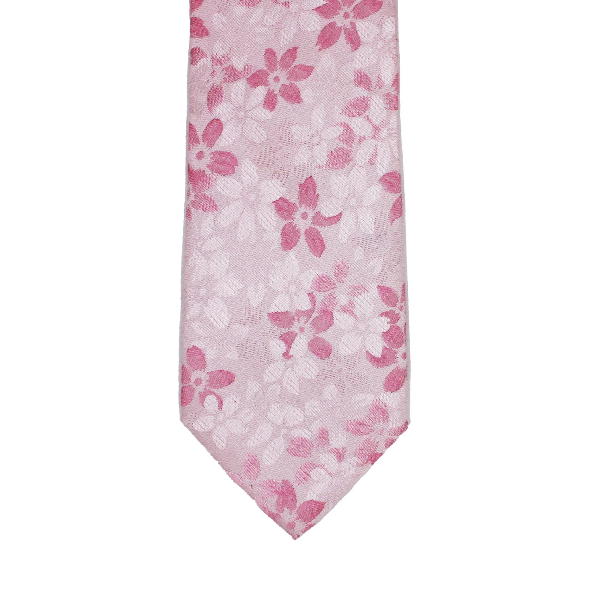 Light Pink Tie with Pink and White Floral Blossom Pattern, Slim Woven Necktie