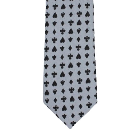 Light Grey Tie with Black Playing Card Suit Pattern, Slim Woven Necktie
