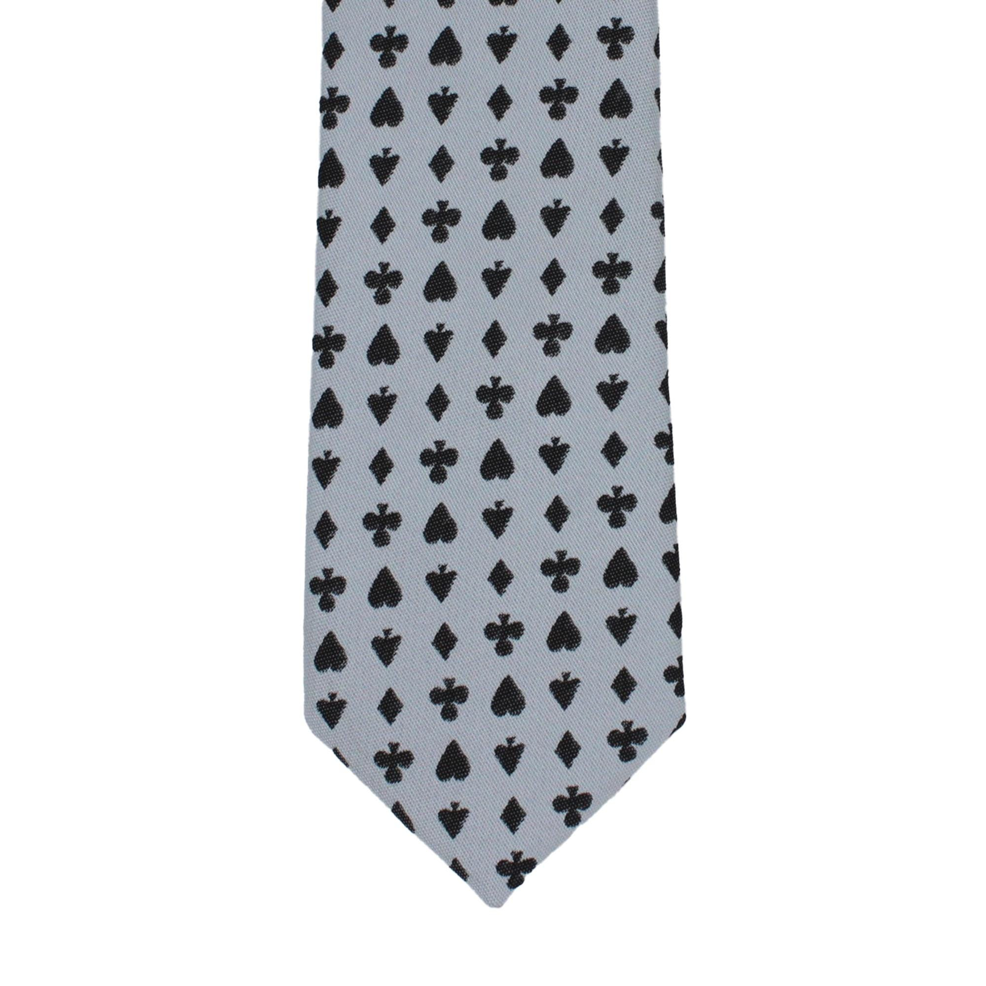 Light Grey Tie with Black Playing Card Suit Pattern, Slim Woven Necktie