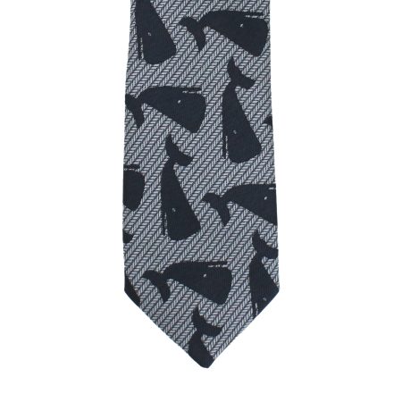 Grey Herringbone Tie with Black Abstract Geometric Pattern, Slim Woven Necktie