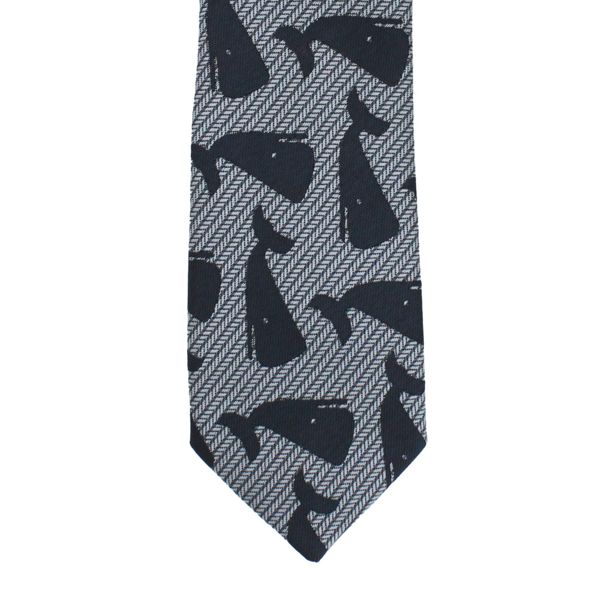 Grey Herringbone Tie with Black Abstract Geometric Pattern, Slim Woven Necktie