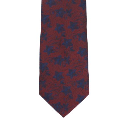 Burgundy Tie with Navy Blue Ivy Leaf Vine Pattern, Slim Woven Necktie