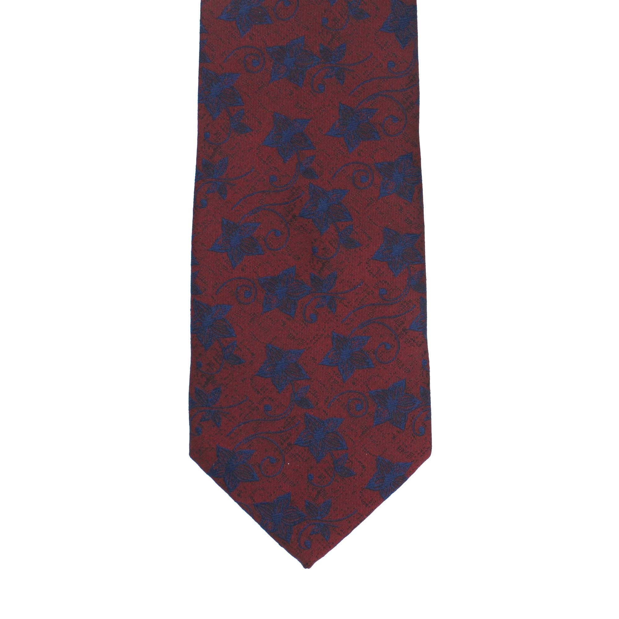 Burgundy Tie with Navy Blue Ivy Leaf Vine Pattern, Slim Woven Necktie