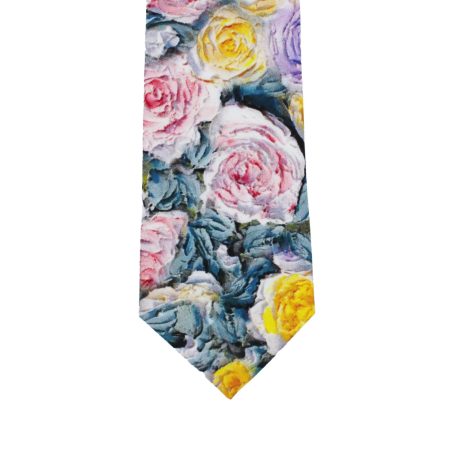 Floral Rose Tie with Pink Yellow and Blue Garden Pattern, Slim Woven Necktie