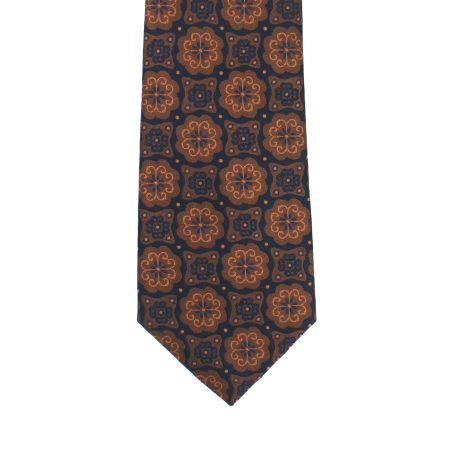 Dark Navy Tie with Copper Brown Ornate Floral Medallion Pattern, Slim Woven Necktie