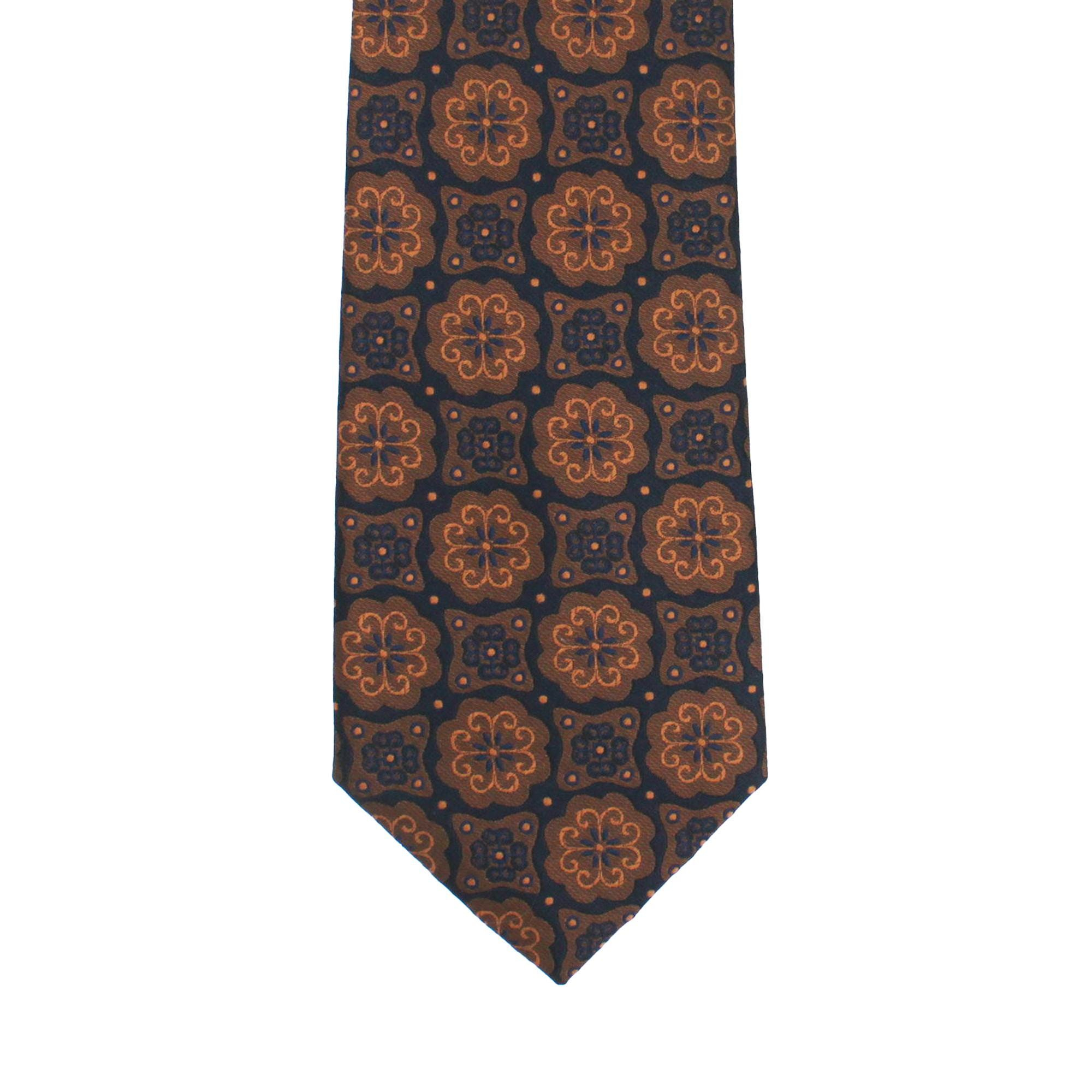 Dark Navy Tie with Copper Brown Ornate Floral Medallion Pattern, Slim Woven Necktie