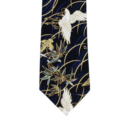 Navy Blue Tie with White Crane and Gold Bamboo Pattern, Slim Woven Necktie