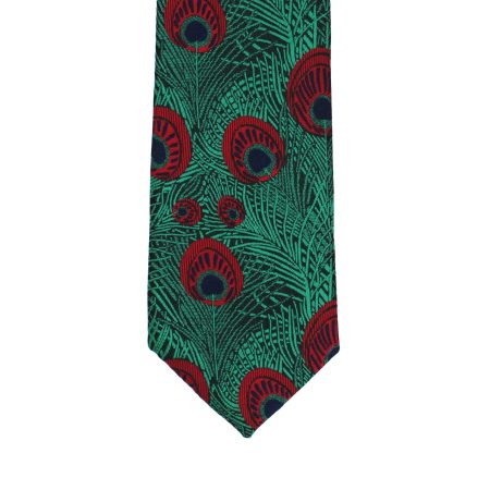Green Tie with Red Peacock Feather Pattern, Slim Woven Necktie