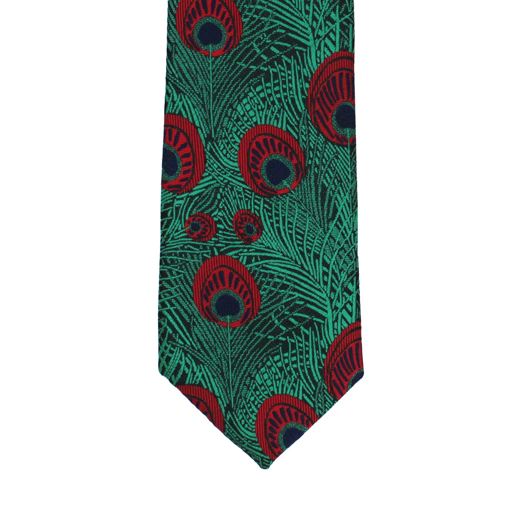 Green Tie with Red Peacock Feather Pattern, Slim Woven Necktie