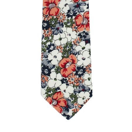 Cream Tie with Red and Navy Floral Garden Pattern, Slim Woven Necktie
