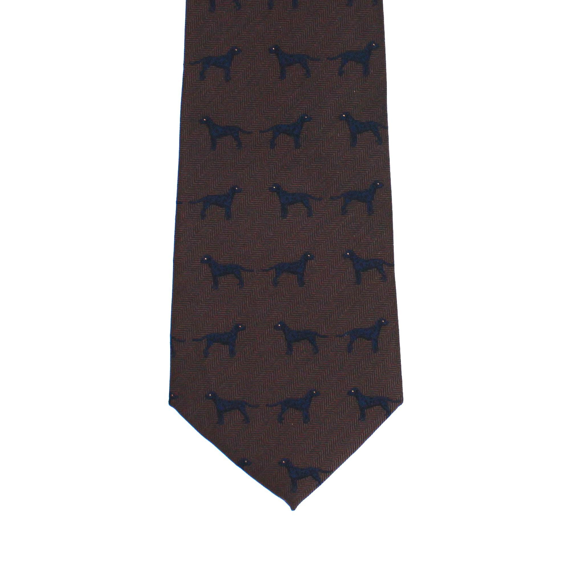 Dark Brown Tie with Black Dog Silhouette Pattern, Slim Woven Necktie