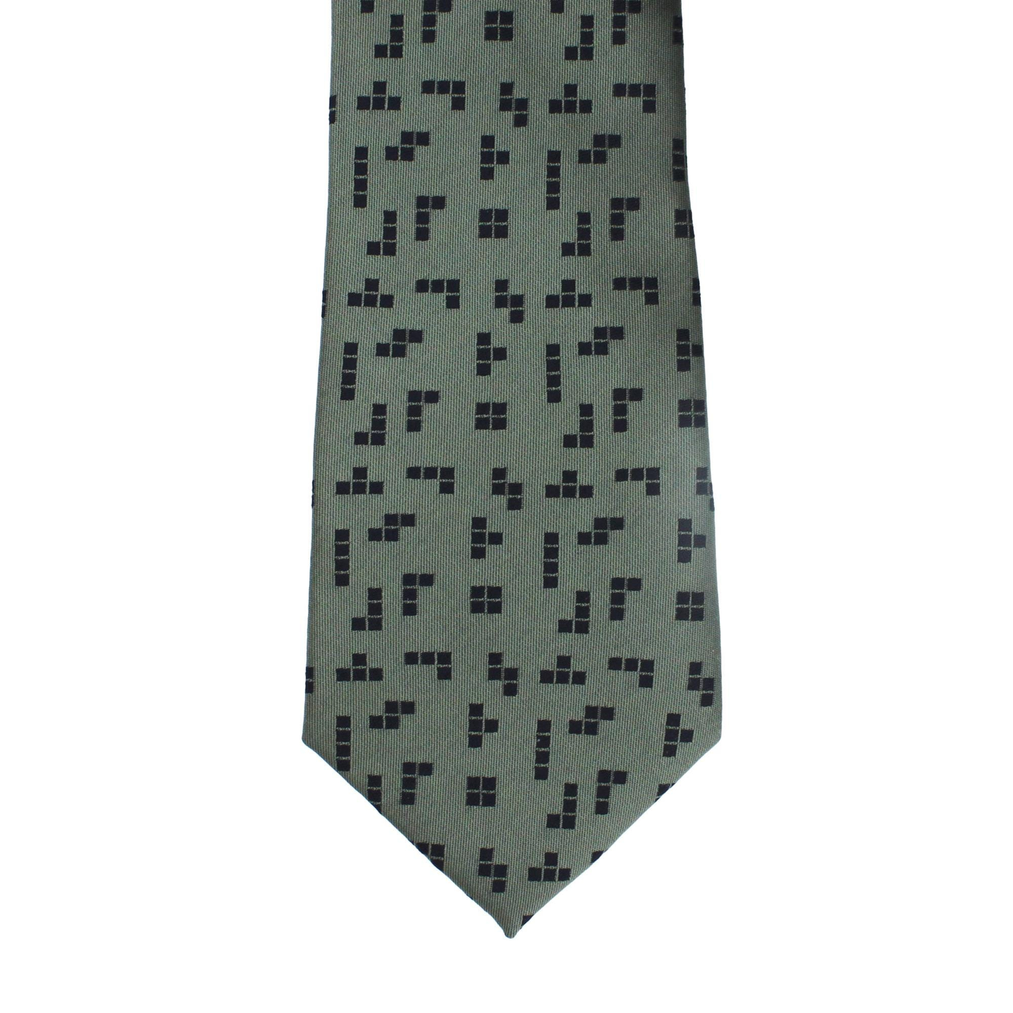 Sage Green Tie with Black Pixel Geometric Pattern, Slim Woven Necktie