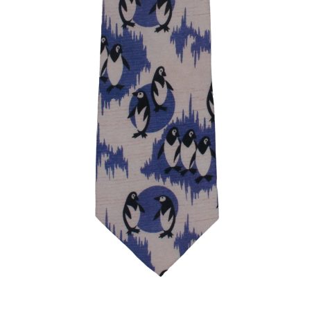 Grey Tie with Penguin and Blue Arctic Landscape Pattern, Slim Woven Necktie