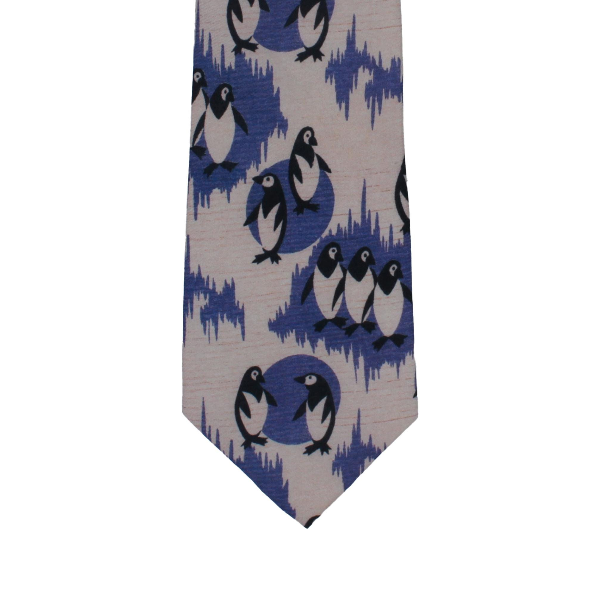 Grey Tie with Penguin and Blue Arctic Landscape Pattern, Slim Woven Necktie